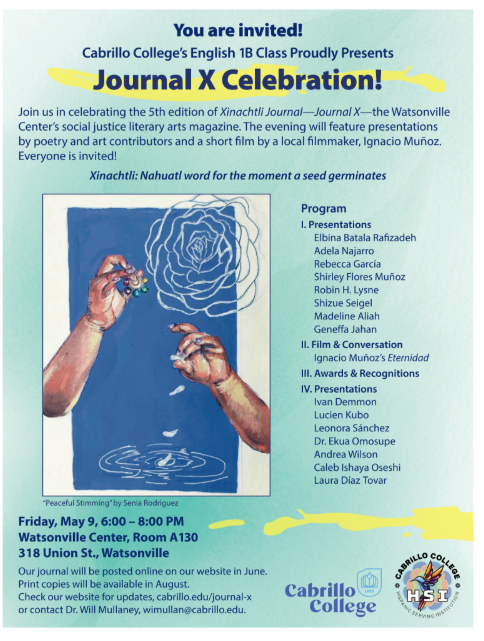 The event will be held between 6:00 to 8:00 PM in room A130, featuring live speakers and a screening of a film by local filmmaker Ignacio Muñoz.