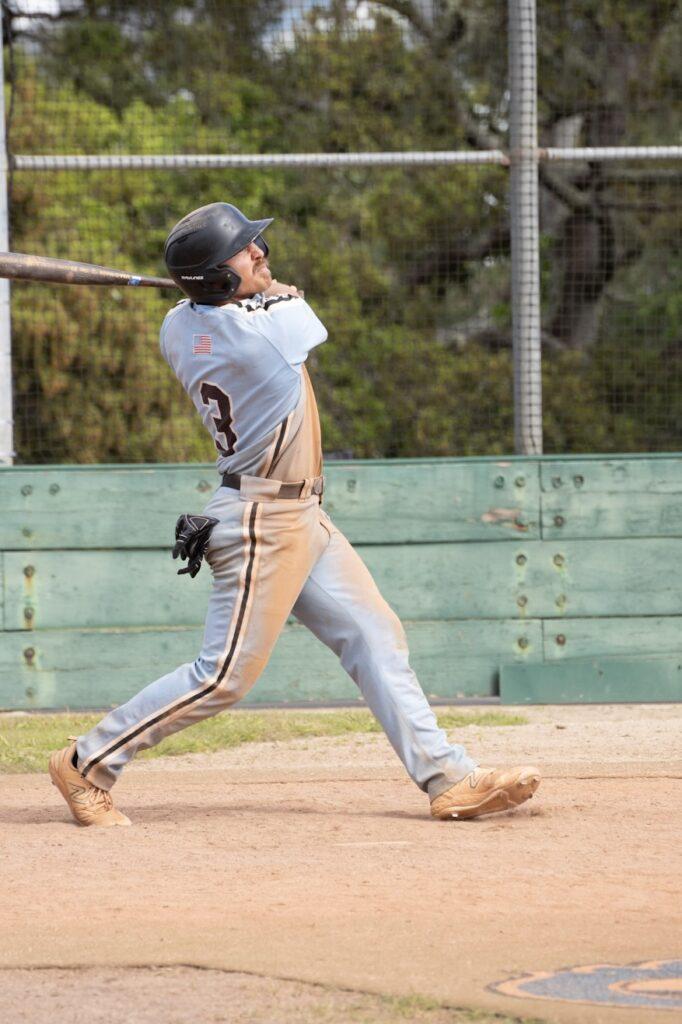 Anthony Karaginnopoulos cracking a hit against West Valley, April 6th, 2024. Photo courtesy of Cabrillo Athletics Department. 