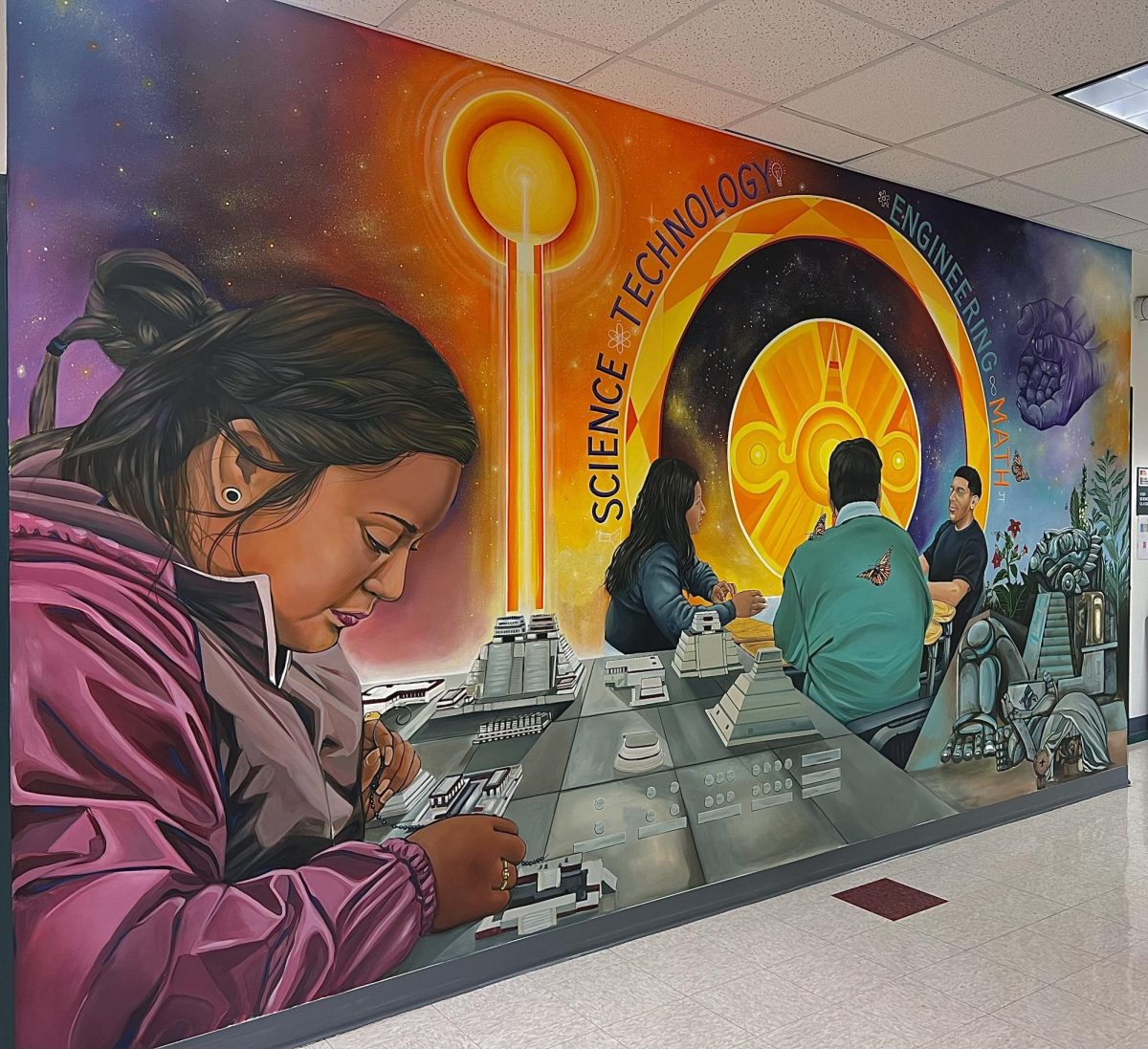 A mural at the Watsonville campus showcasing Latino representation in science, technology, engineering and mathematics. 