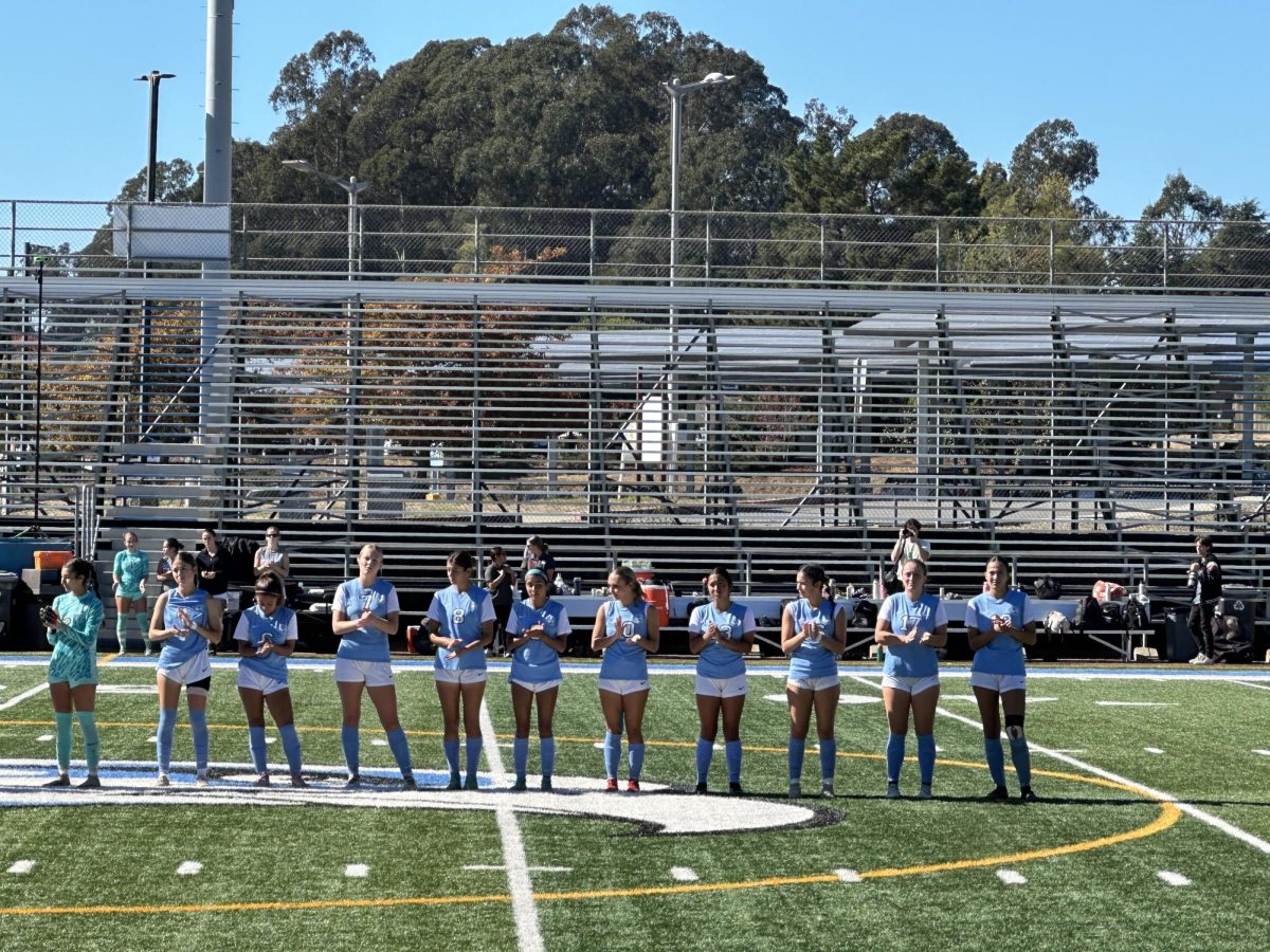 Photo of the womens soccer team on the field. 
