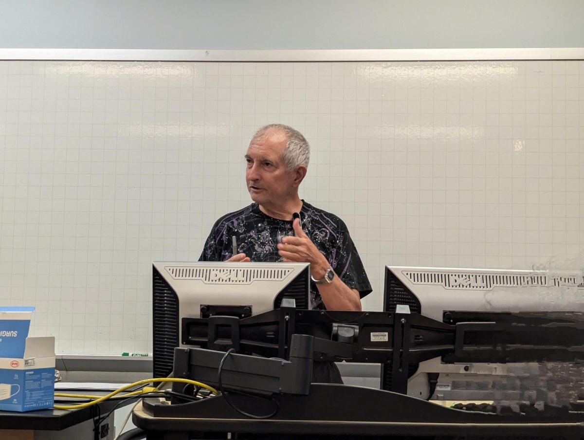 Astronomy Teacher Rick Nolthenius, lecturing in his morning class. 
Photo taken by Ruby Lee Schembari. 