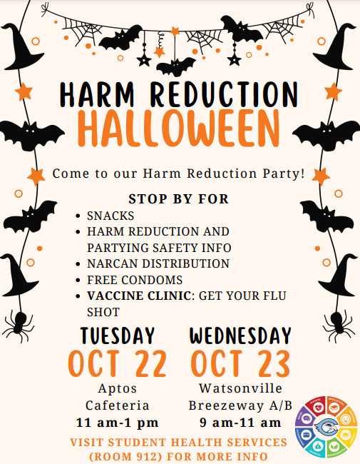 Flier of the Harm Reduction Halloween event at Cabrillo. 