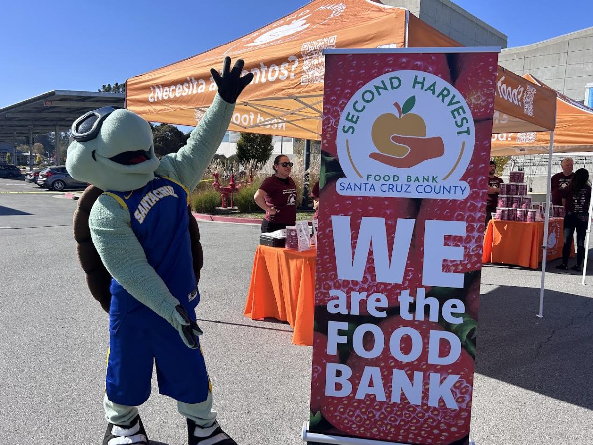 The Santa Cruz Warriors Mascot, Mav'riks, presenting the Second Harvest sign. 